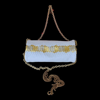 Front of the handmade white crocodile-embossed leather barrel bag crossed by a wave of gold scales - AG Design, Arad, Romania