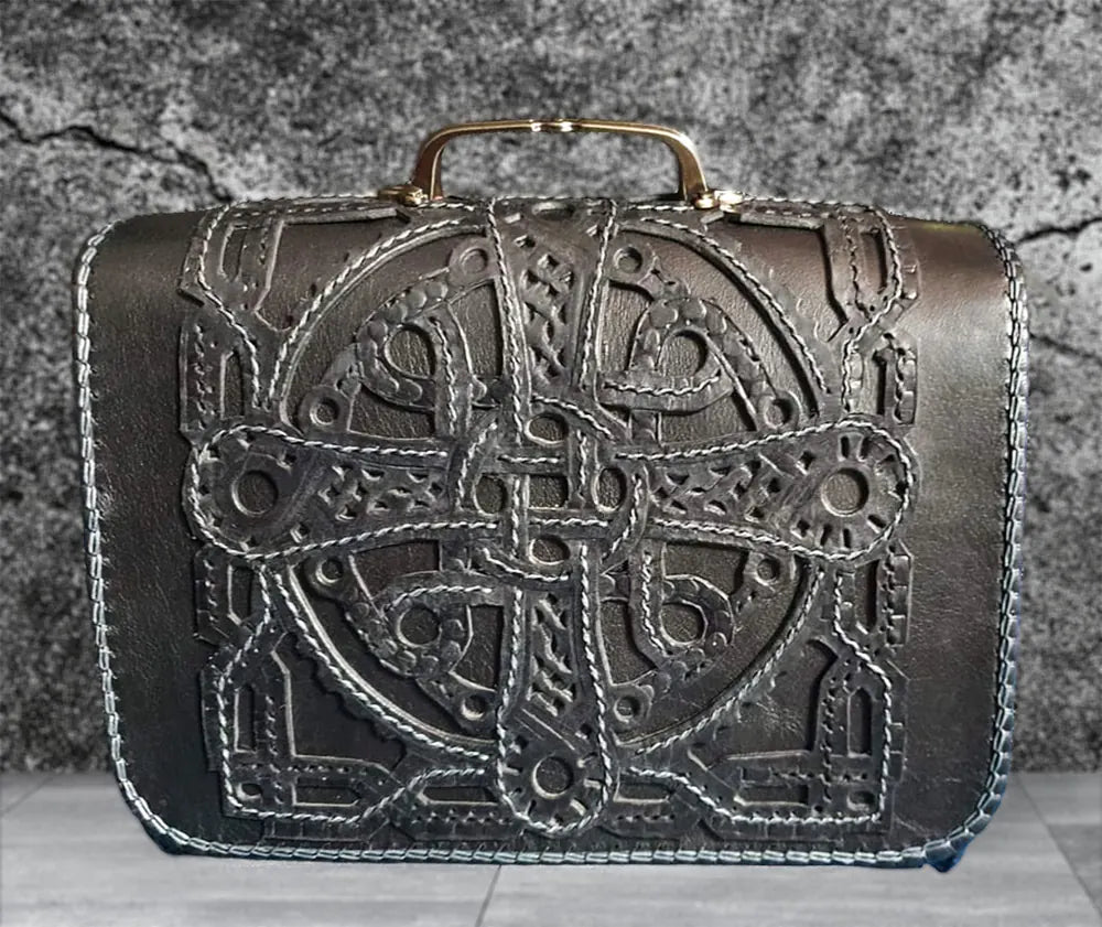 Handmade bridle leather satchel bag with hand-stitched Celtic knotwork - AG Design, Arad, Romania