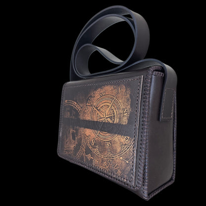 The other side of a handmade brown leather shoulder bag with hand-stitched edges - AG Design, Arad, Romania