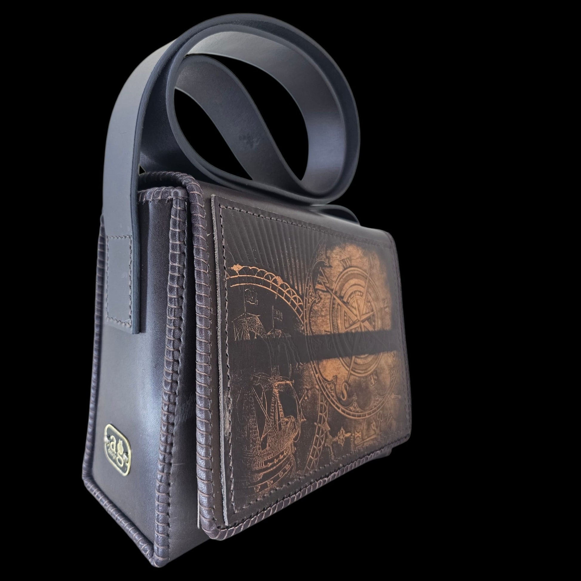 Handmade brown leather shoulder bag with fixed strap, worn over the shoulder - AG Design, Arad, Romania