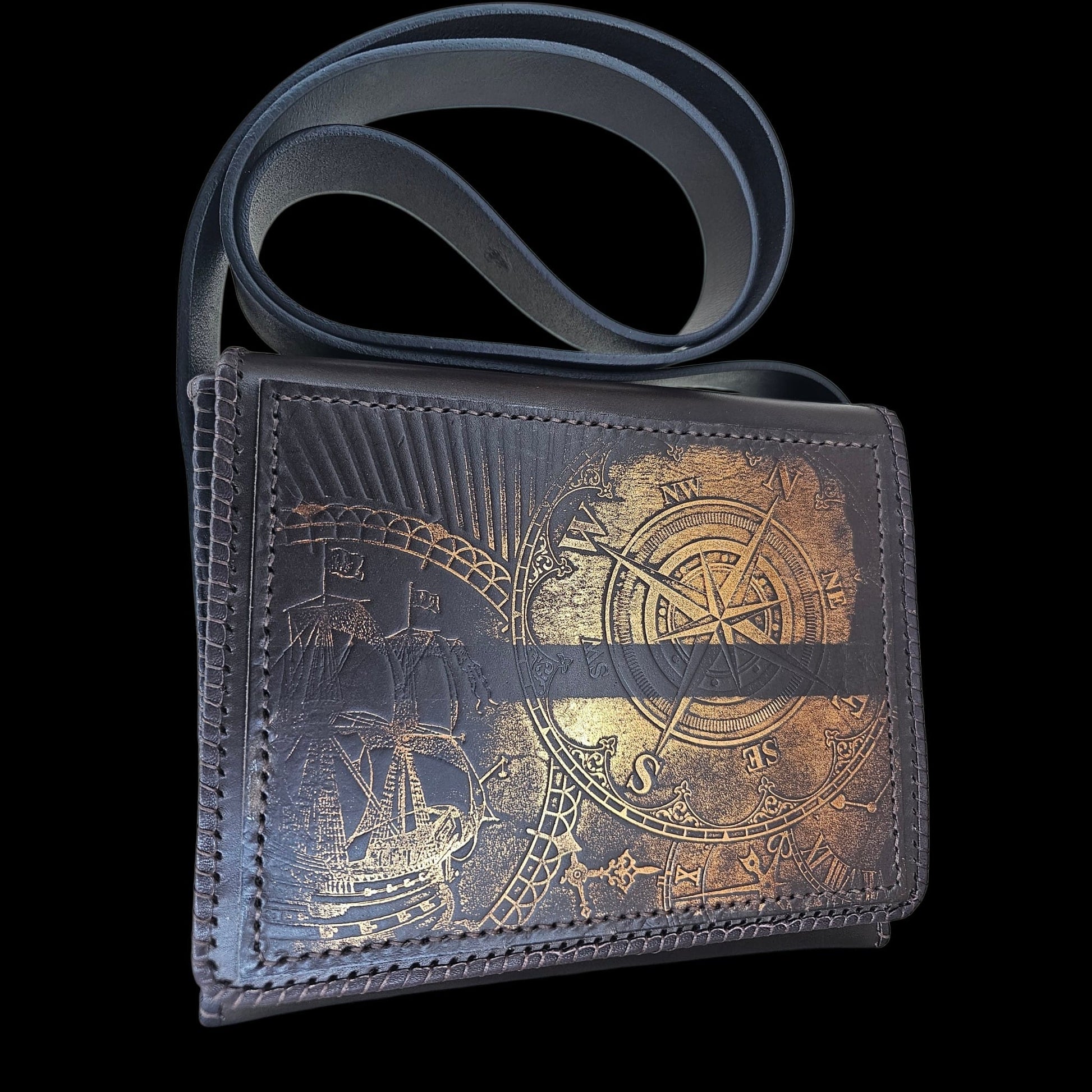 Handmade brown leather shoulder bag with fixed strap, worn over the shoulder - AG Design, Arad, Romania