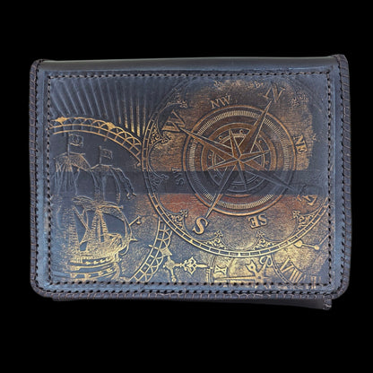 Front of a handmade brown leather shoulder bag with a compass and a clock dial pressed into the leather - AG Design, Arad, Romania
