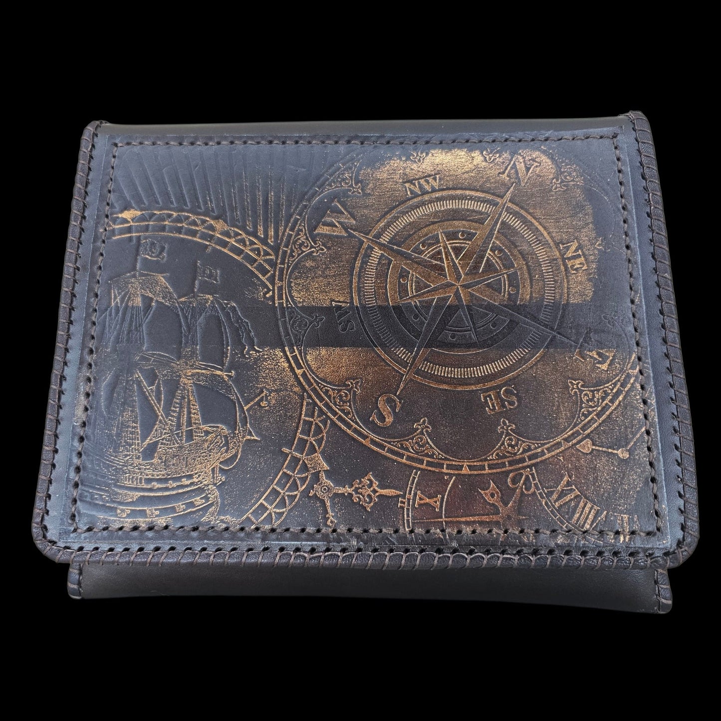 Handmade brown leather shoulder bag with patinated compass motif on the flap - AG Design, Arad, Romania