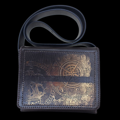Side view of a handmade brown leather shoulder bag with hand-stitched edges - AG Design, Arad, Romania
