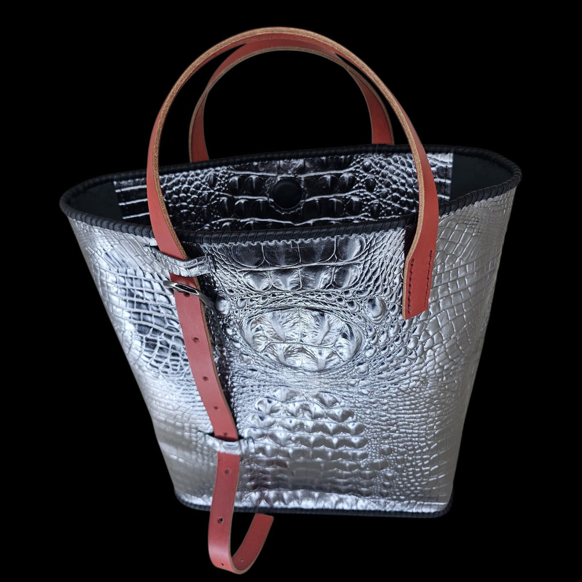 Top view of a handmade silver crocodile-embossed leather shoulder bag - AG Design, Arad, Romania.