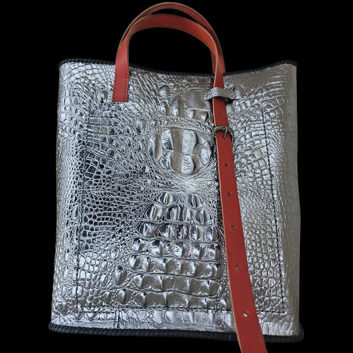 Back view of a handmade silver crocodile-embossed leather shoulder bag - AG Design, Arad, Romania.