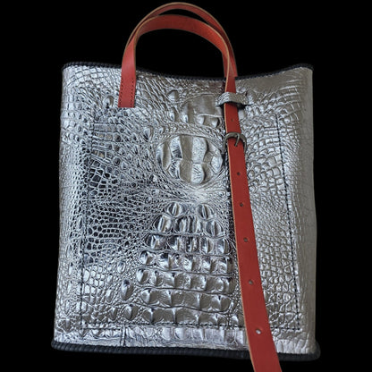 Back view of a handmade silver crocodile-embossed leather shoulder bag - AG Design, Arad, Romania.