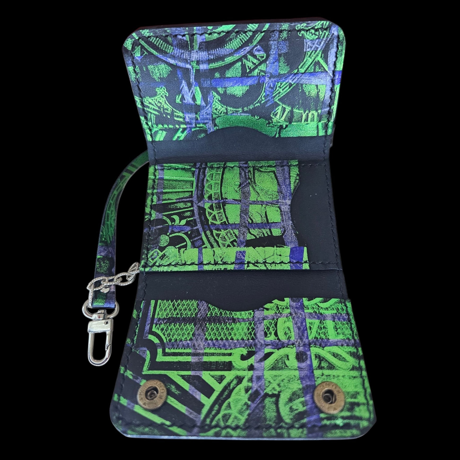 Back view of a handmade black leather wallet in emerald green and royal blue - AG Design, Arad, Romania