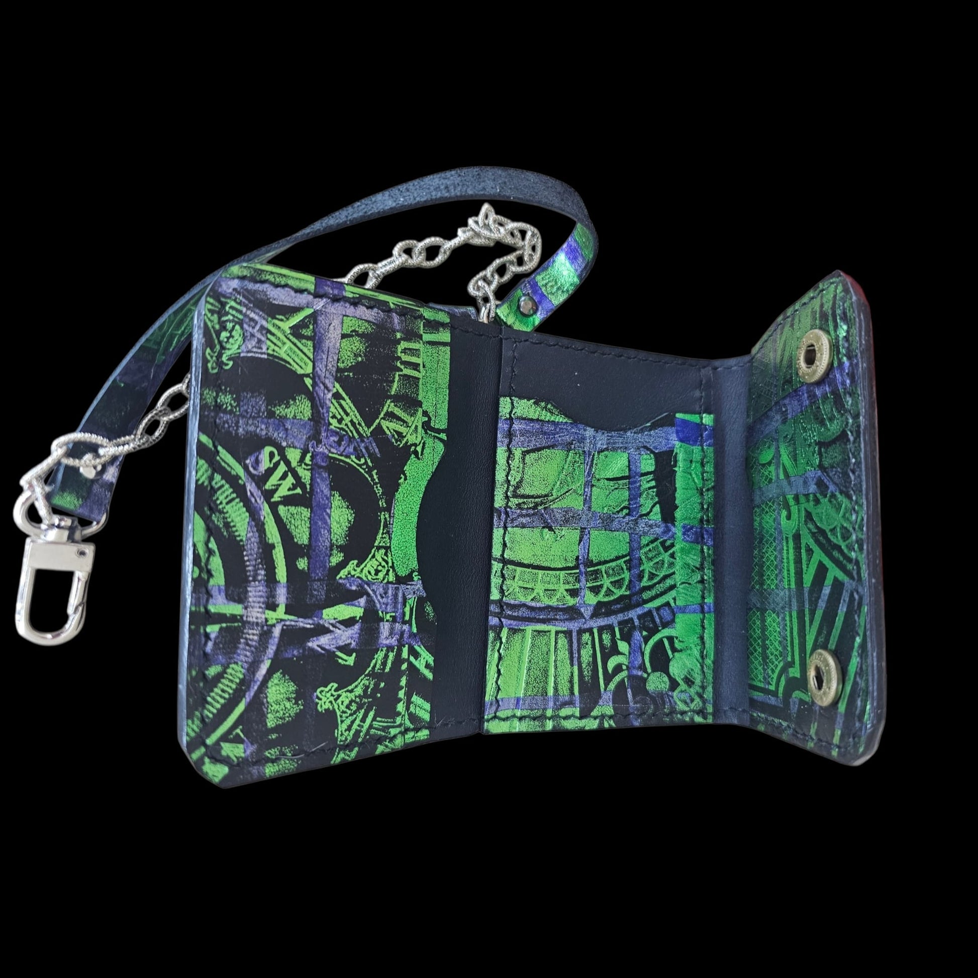 Handmade black leather wallet with wrist strap and heat-pressed green pattern - AG Design, Arad, Romania