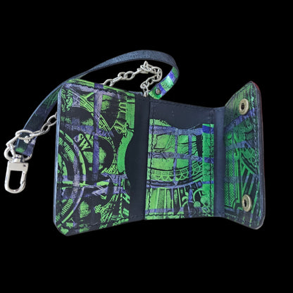 Handmade black leather wallet with wrist strap and heat-pressed green pattern - AG Design, Arad, Romania
