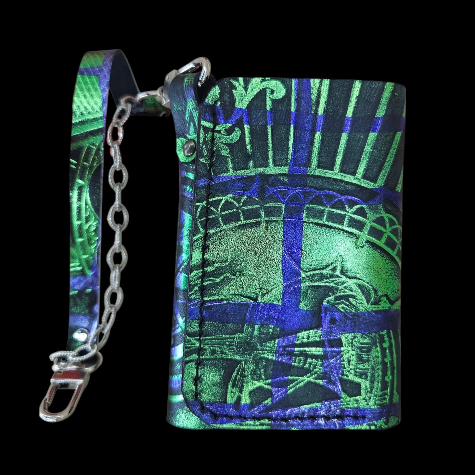 Close-up of the heat-pressed pattern in emerald green and royal blue on a handmade black leather wallet - AG Design, Arad, Romania
