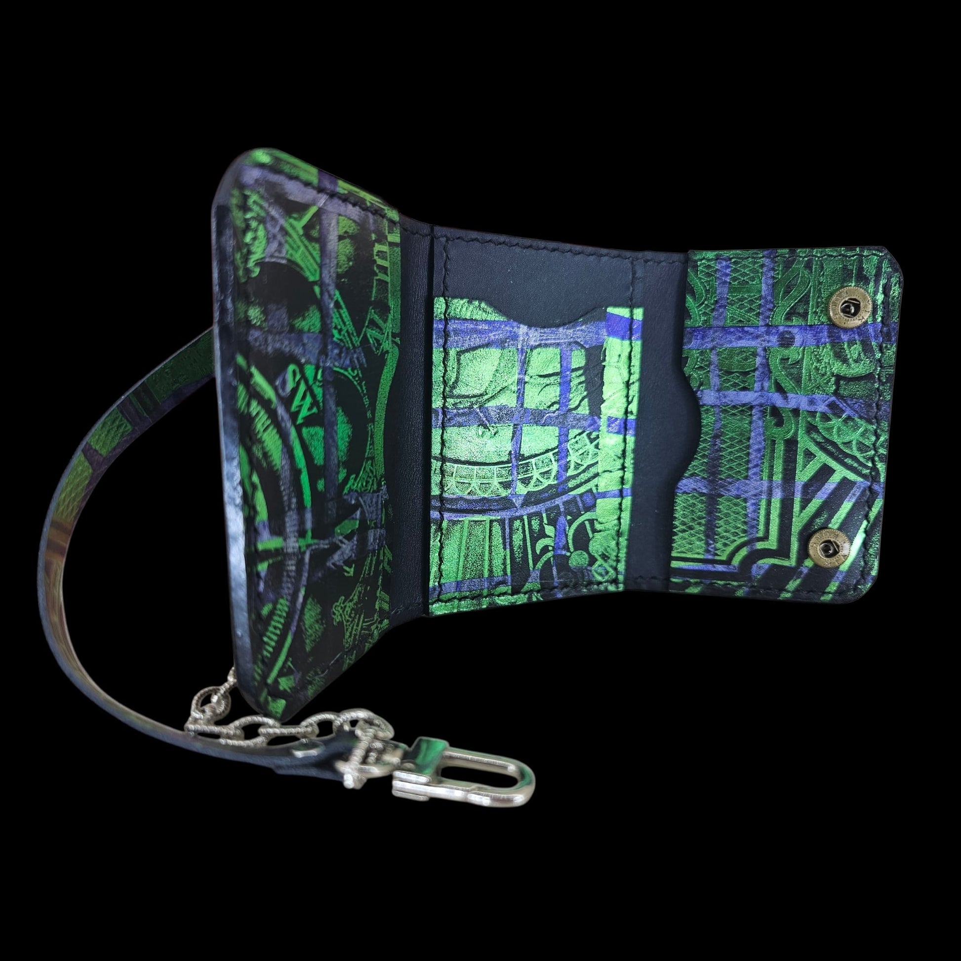 Handmade black leather wallet held in hand, small enough for a pocket - AG Design, Arad, Romania