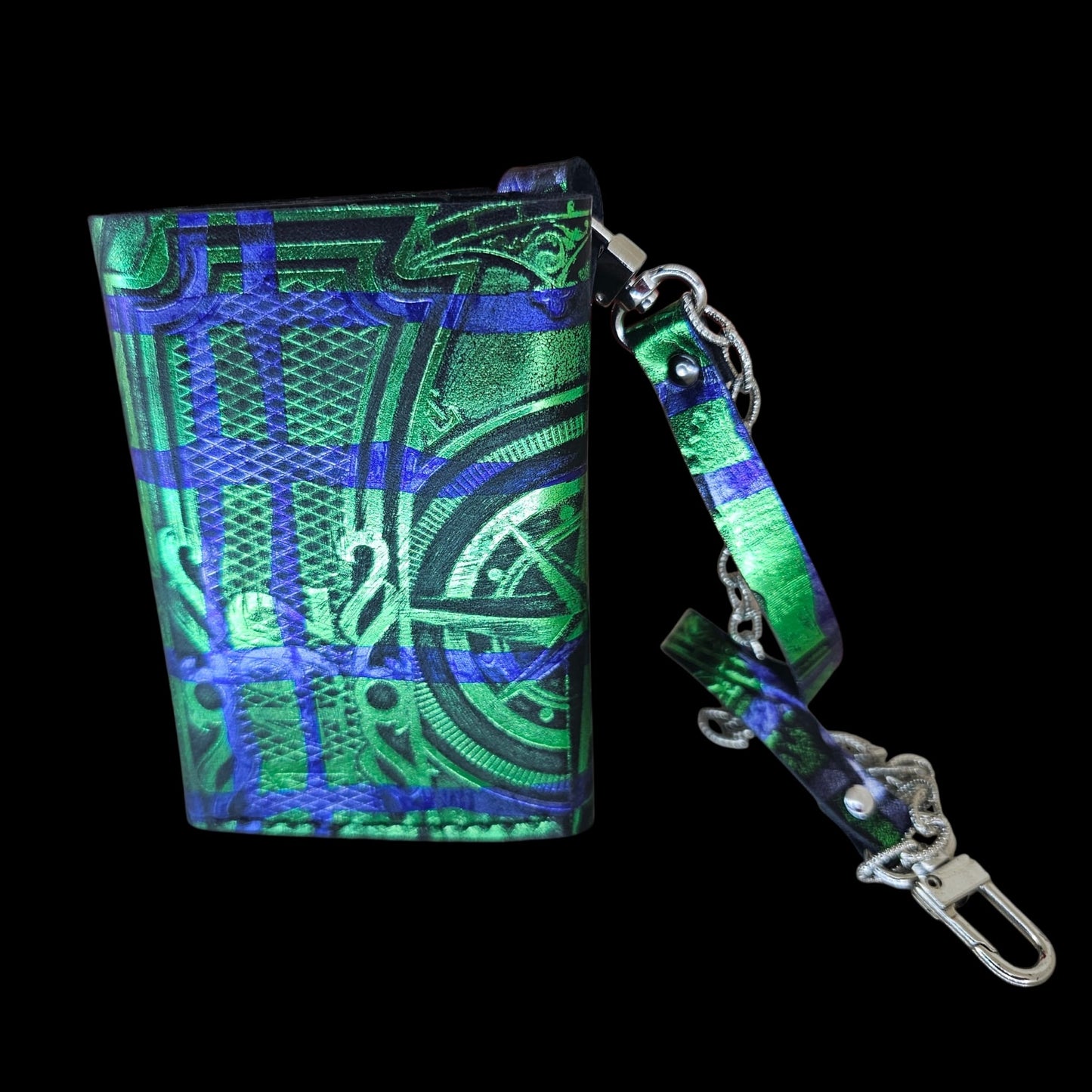 Handmade black leather wallet with heat-pressed pattern in emerald green and royal blue - AG Design, Arad, Romania
