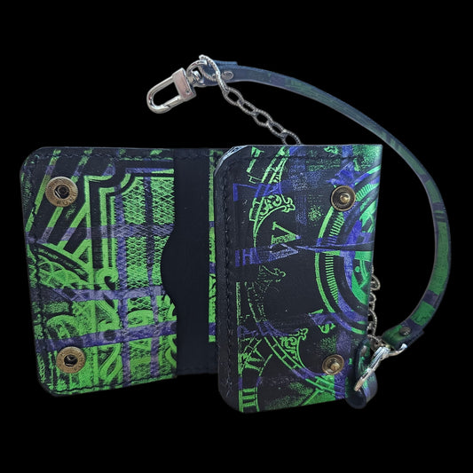 Handmade black leather wallet with heat-pressed pattern in emerald green and royal blue - AG Design, Arad, Romania