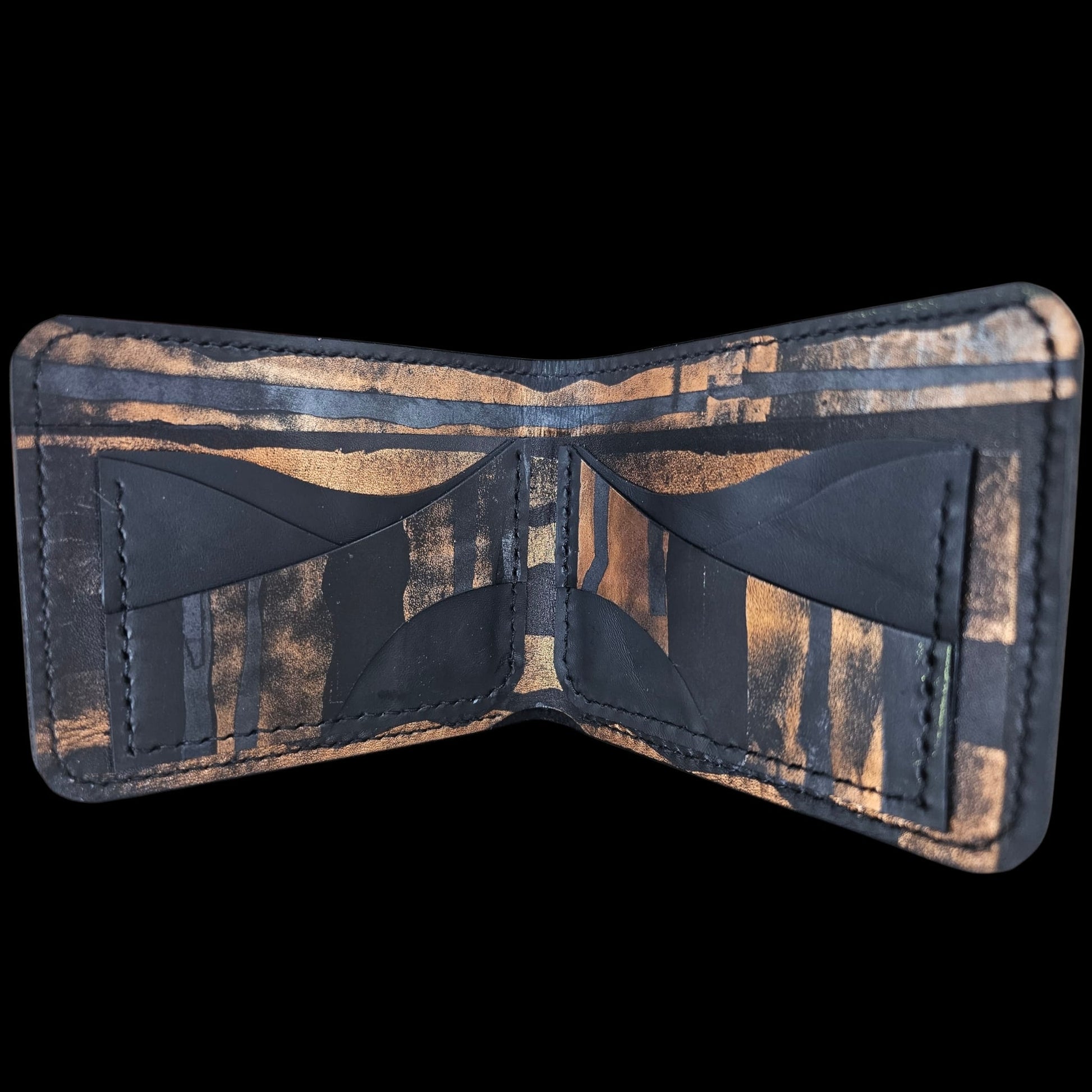 Handmade black leather wallet with horizontal bands of copper laid into the hide - AG Design, Arad, Romania