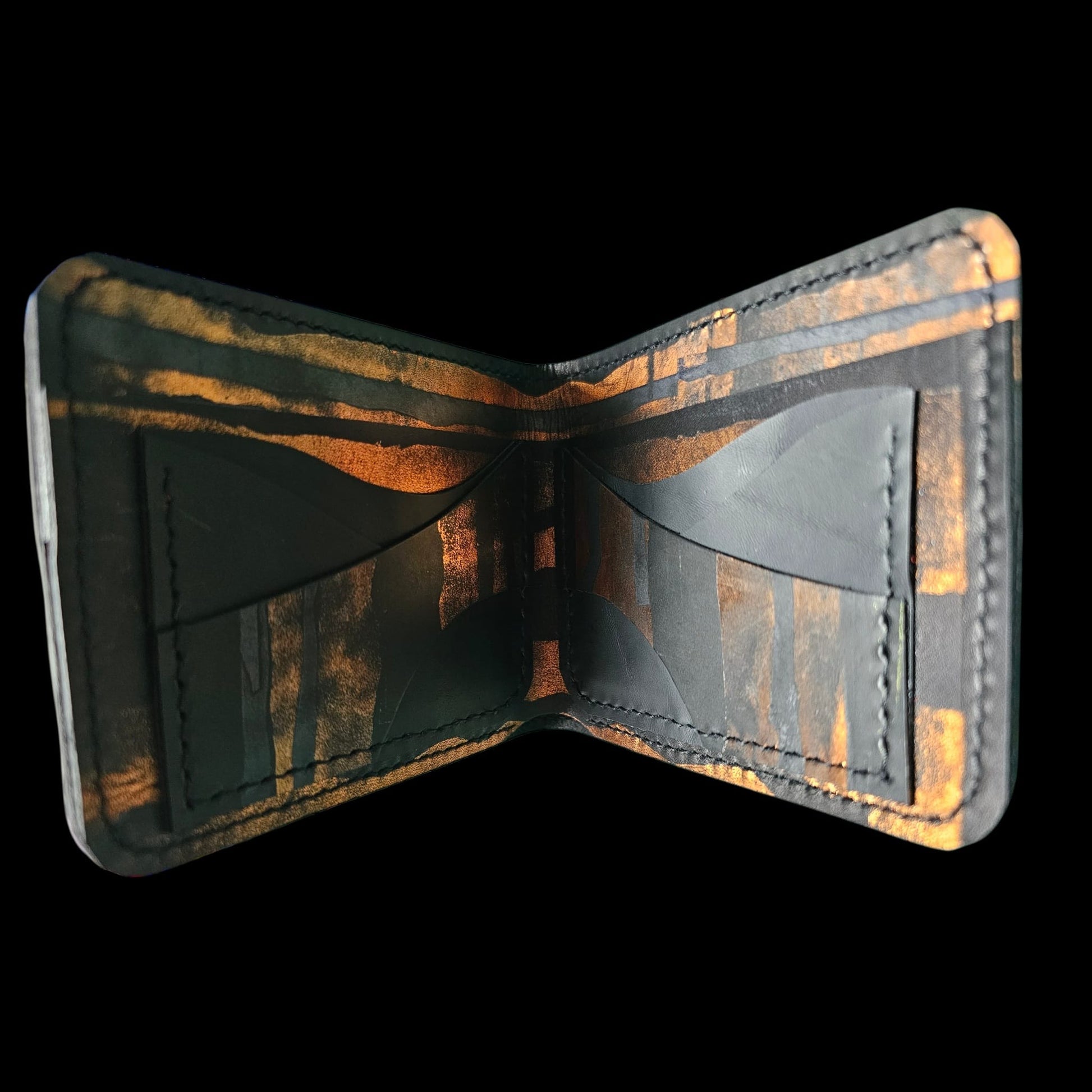 Handmade black leather wallet with copper bands, small enough for a pocket - AG Design, Arad, Romania