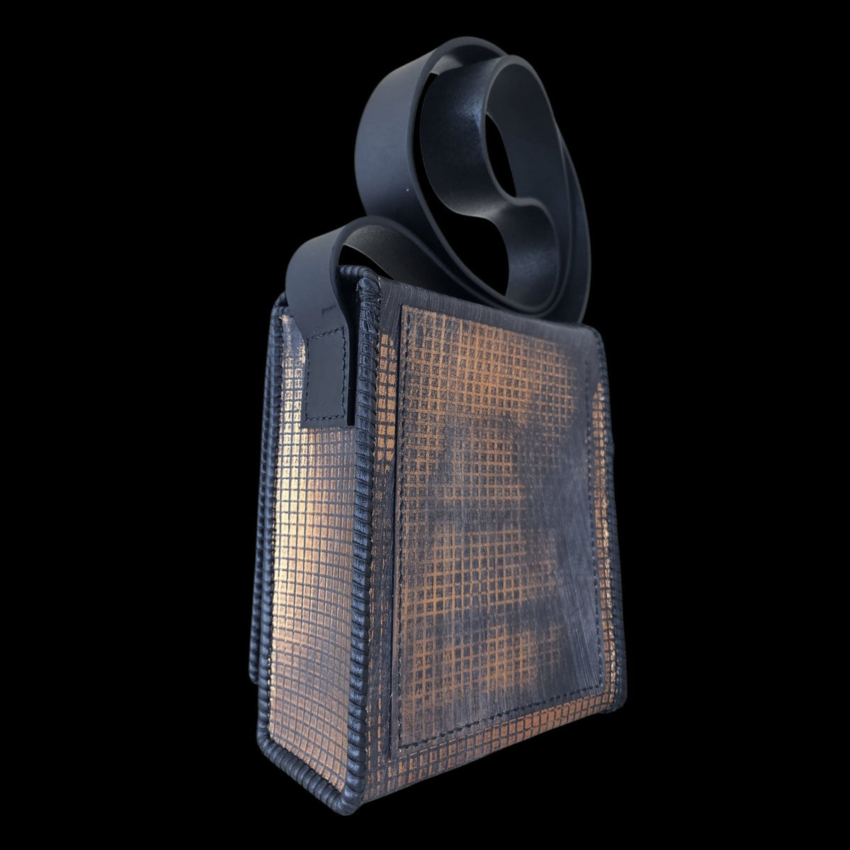 Back view of a handmade grey leather crossbody bag with a hand-stamped copper pattern - AG Design, Arad, Romania.