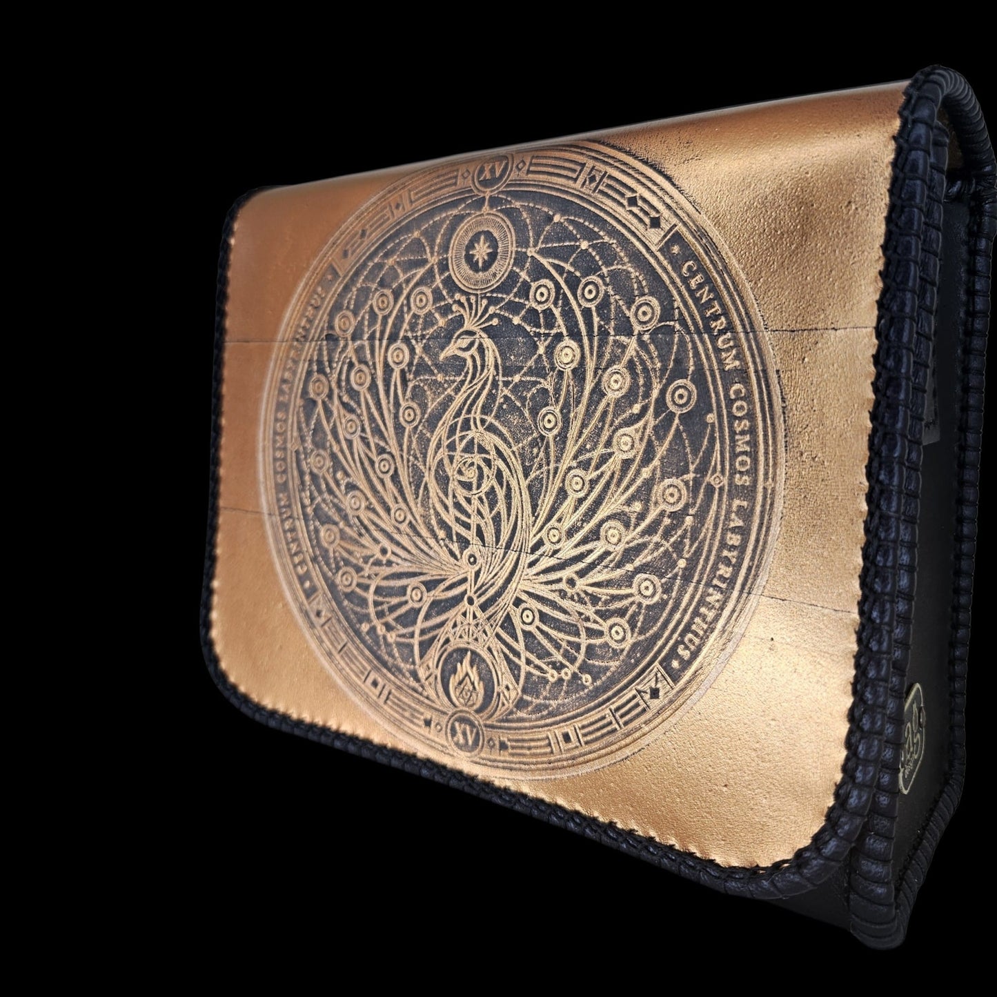 Profile of a handmade leather crossbody bag with an embossed phoenix flap - AG Design, Arad, Romania