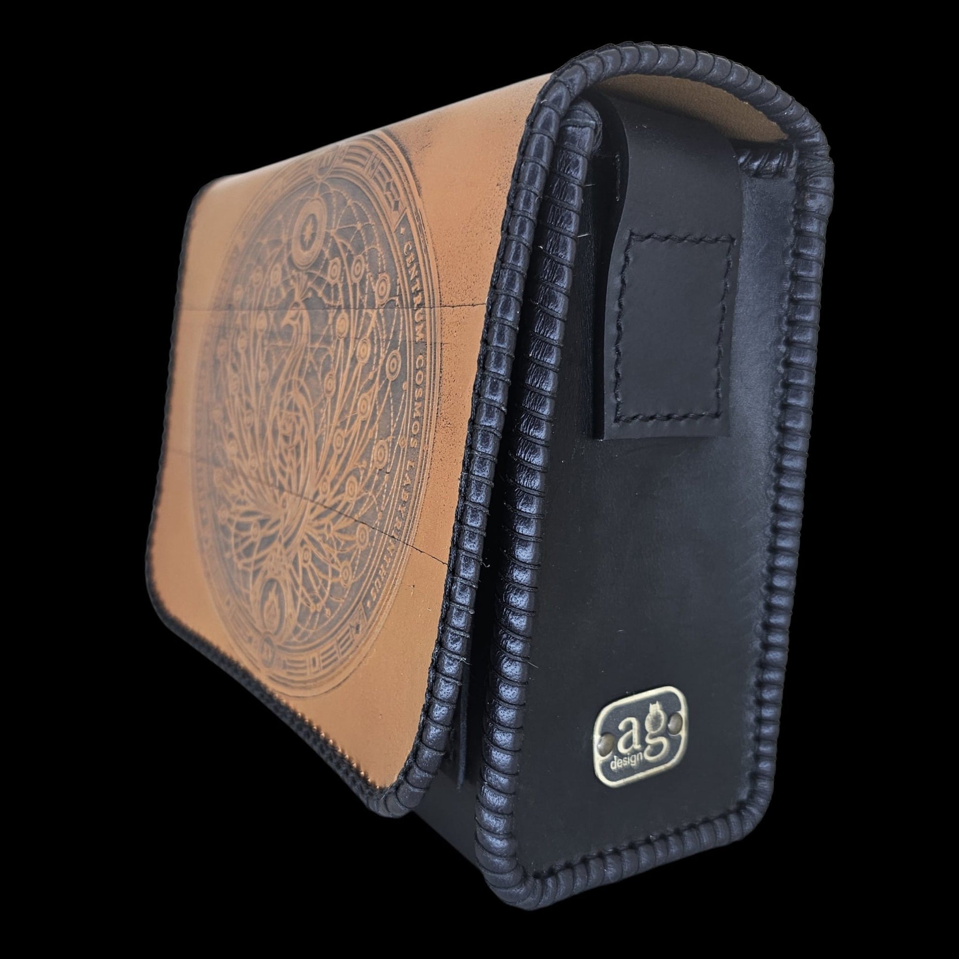 Side view of a handmade unisex leather crossbody bag with the AG Design mark - AG Design, Arad, Romania