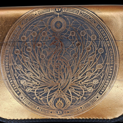 Embossed phoenix medallion on the gold leather flap of a handmade crossbody bag - AG Design, Arad, Romania