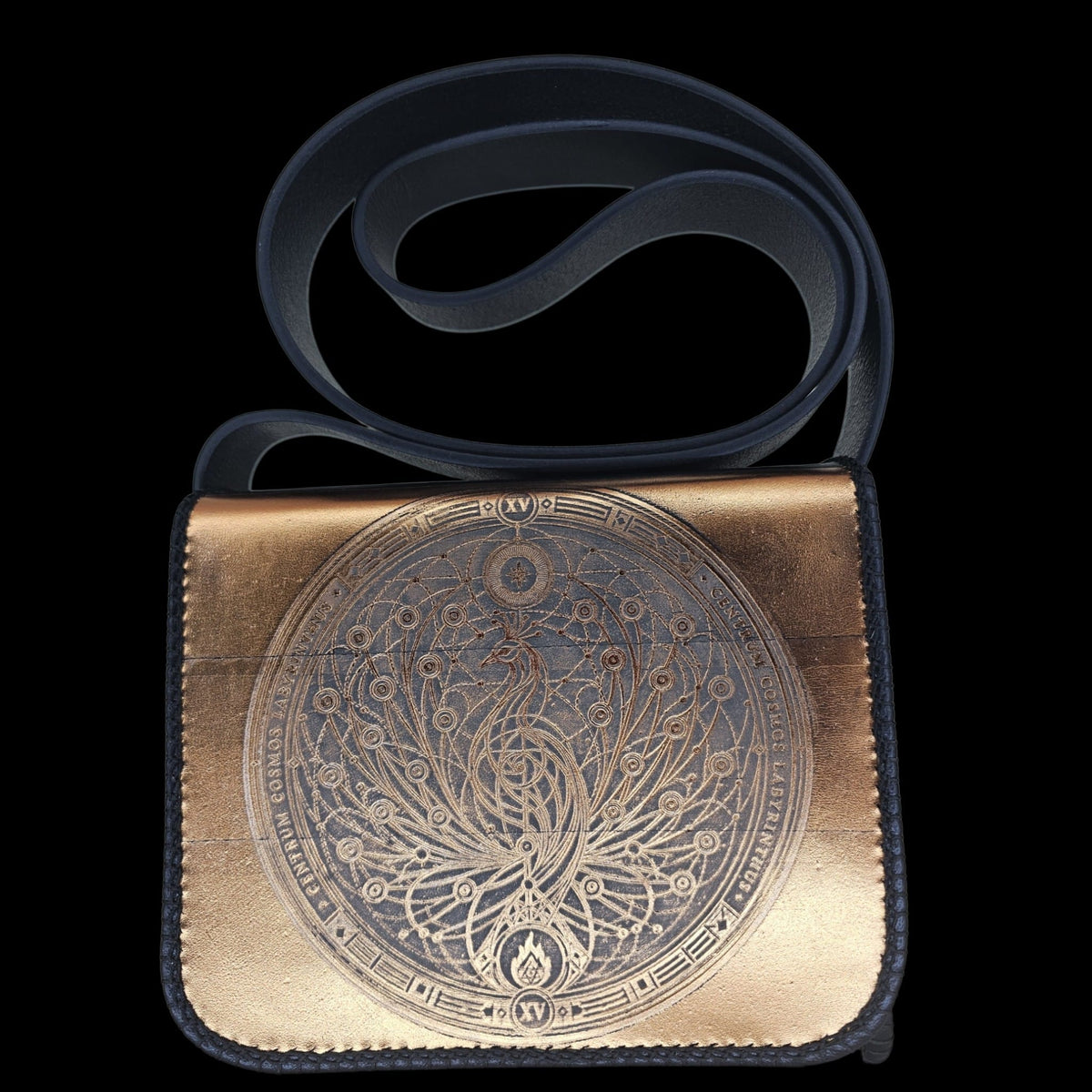 Handmade unisex leather crossbody bag with an embossed phoenix and a long leather strap - AG Design, Arad, Romania