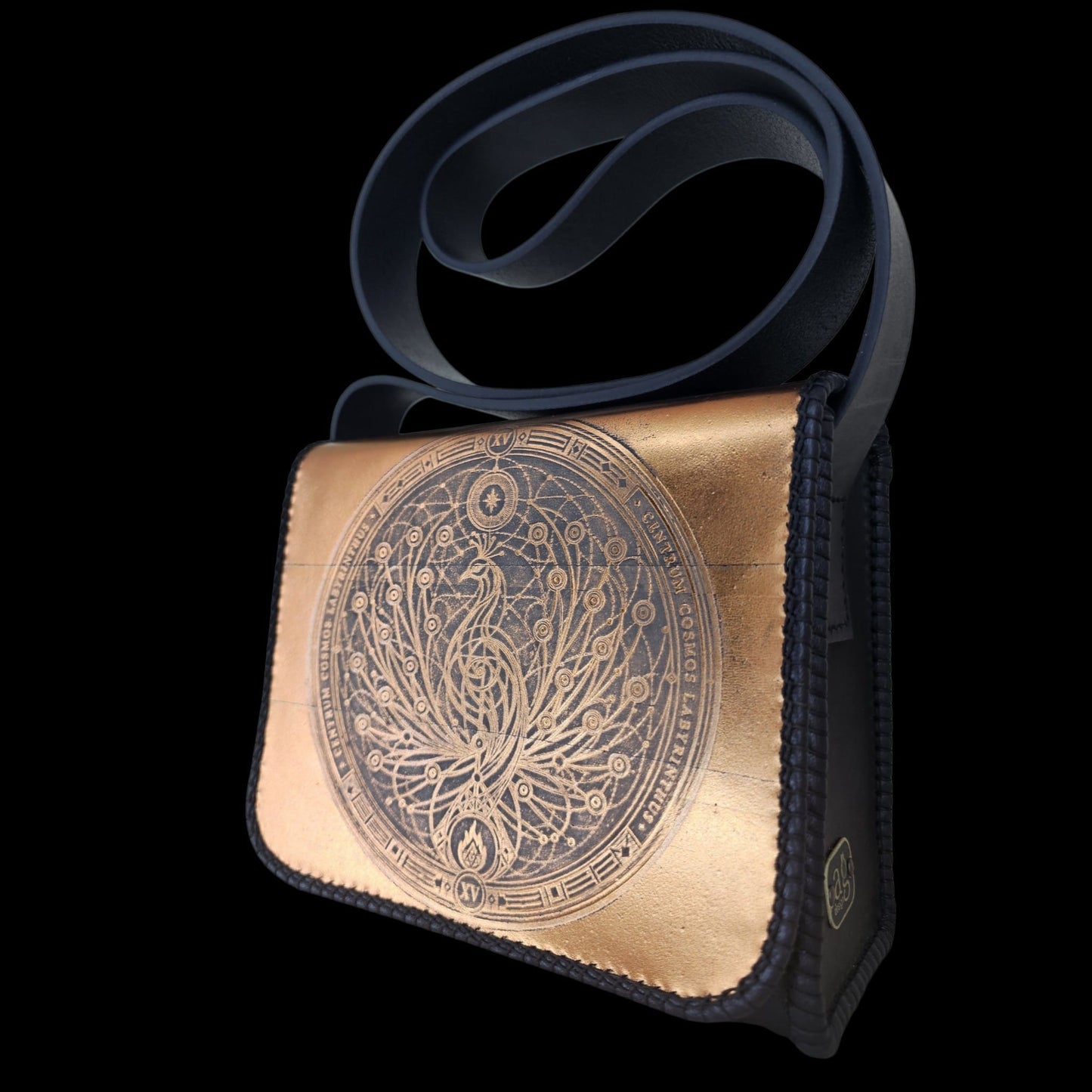 Handmade gold and black leather crossbody bag with an embossed phoenix, seen from the side - AG Design, Arad, Romania
