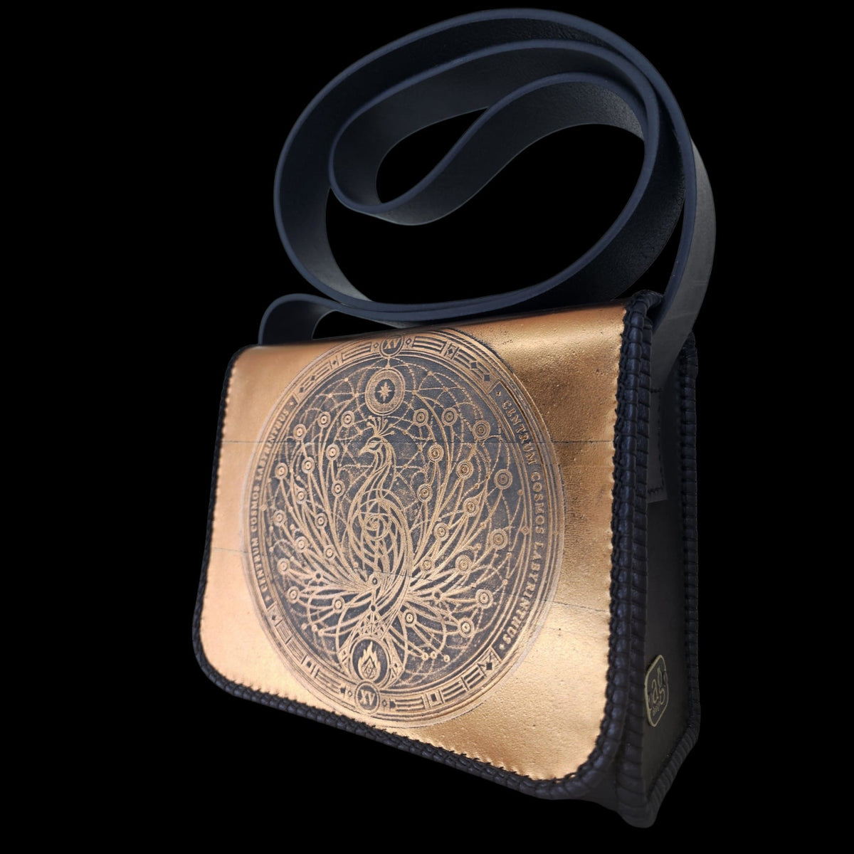 Handmade gold and black leather crossbody bag with an embossed phoenix, seen from the side - AG Design, Arad, Romania