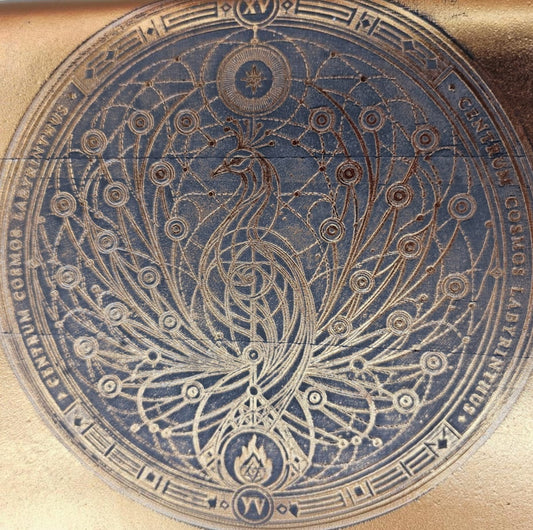Close-up of a phoenix built from Fibonacci curves, embossed by hand on gold leather - AG Design, Arad, Romania
