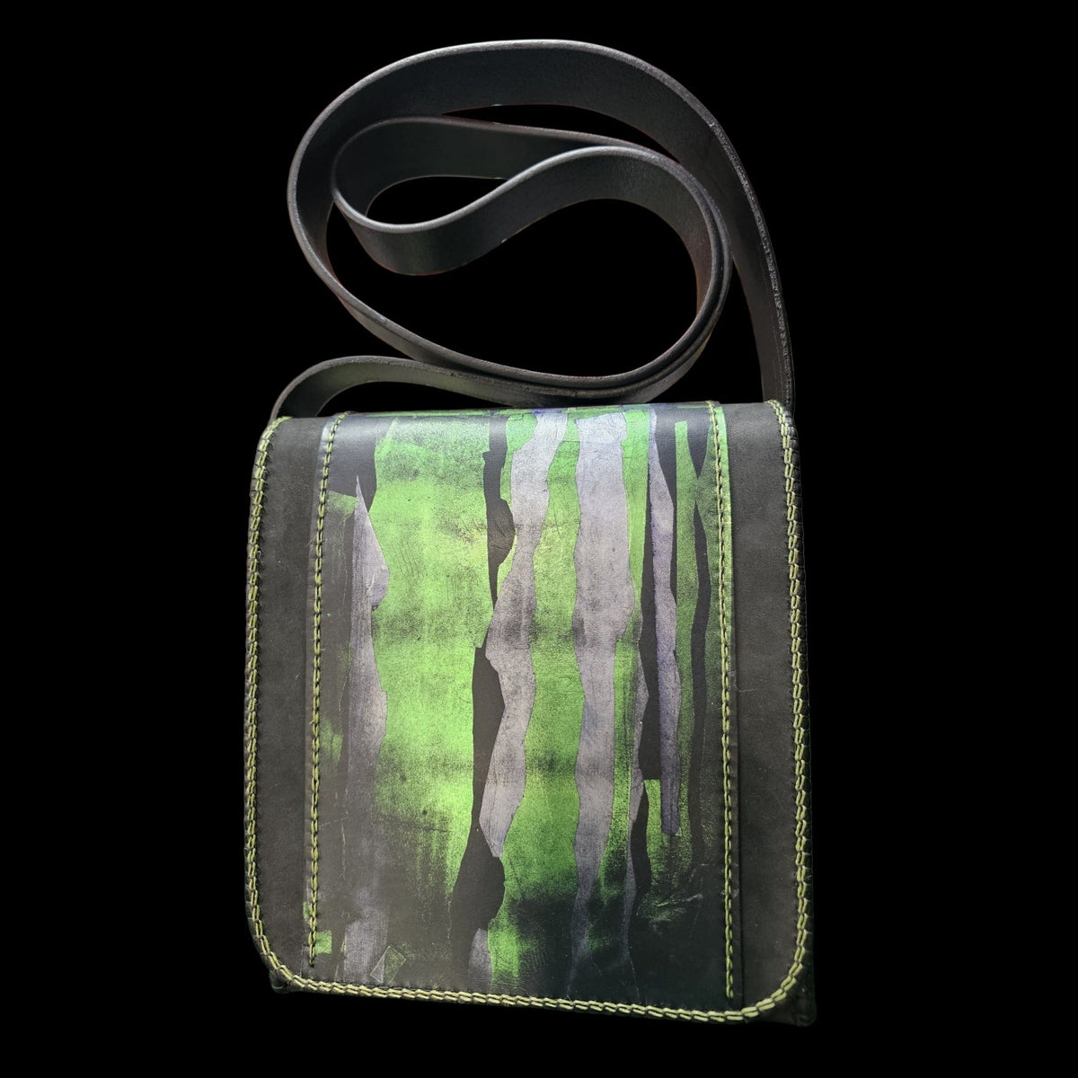 Front of a handmade leather shoulder bag with a green and grey painting on black and a fixed black strap - AG Design, Arad, Romania