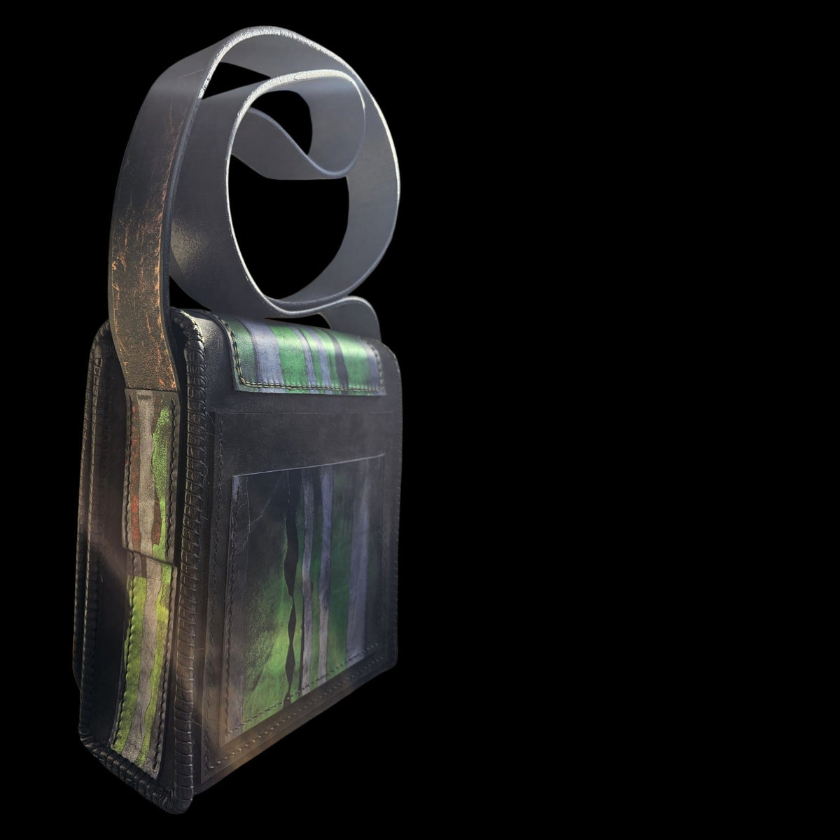 Back of a hand-painted black and green leather shoulder bag with a painted outer pocket and fixed strap - AG Design, Arad, Romania