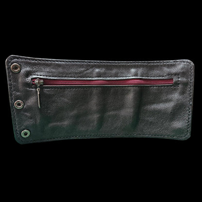 Inside of a handmade leather cuff wallet, showing the soft lining and the burgundy zip pocket for notes - AG Design, Arad, Romania