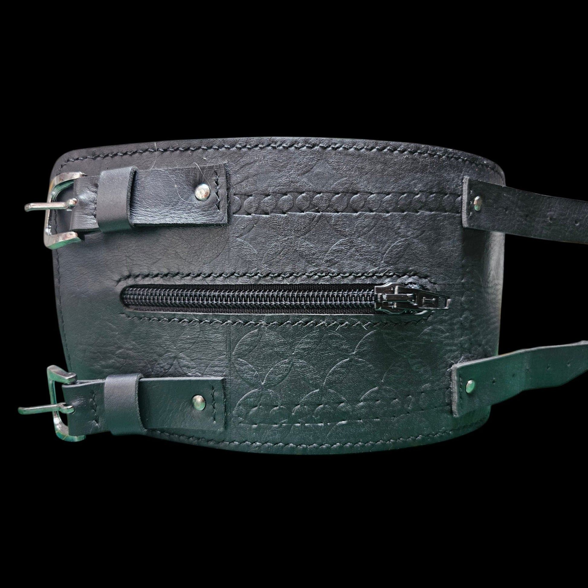 Close-up of the hidden zip stitched into a handmade black leather cuff wallet - AG Design, Arad, Romania