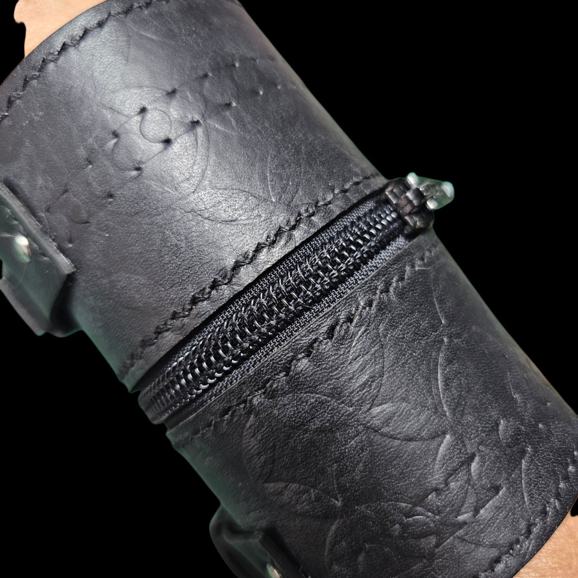 Adjustable strap and buckle on a handmade black leather cuff wallet, unisex - AG Design, Arad, Romania