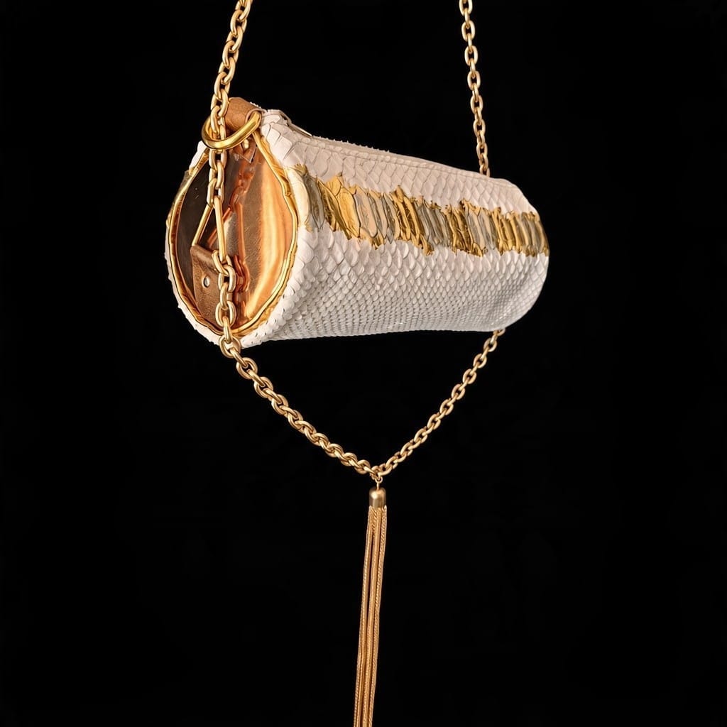 White and gold leather barrel bag on its gold-tone chain, seen slightly from the left - AG Design, Arad, Romania