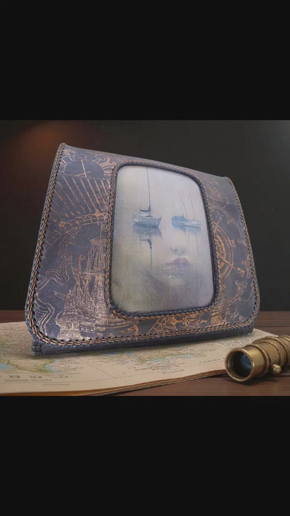 The Inner Compass - Handmade Leather Shoulder Bag, Engraved Compass and Ship