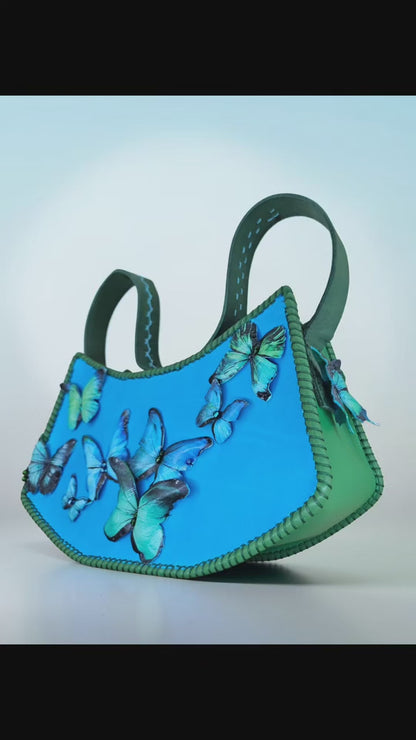 Wings over the Atlantic - Handmade Leather Handbag, Butterfly Photo Transfer