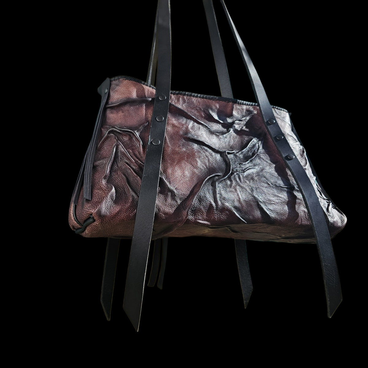 Handmade brown and black relief leather shoulder bag with long black leather straps - AG Design, Arad, Romania