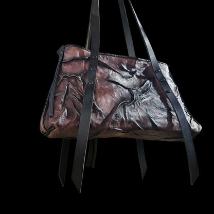 Handmade brown and black relief leather shoulder bag with long black leather straps - AG Design, Arad, Romania
