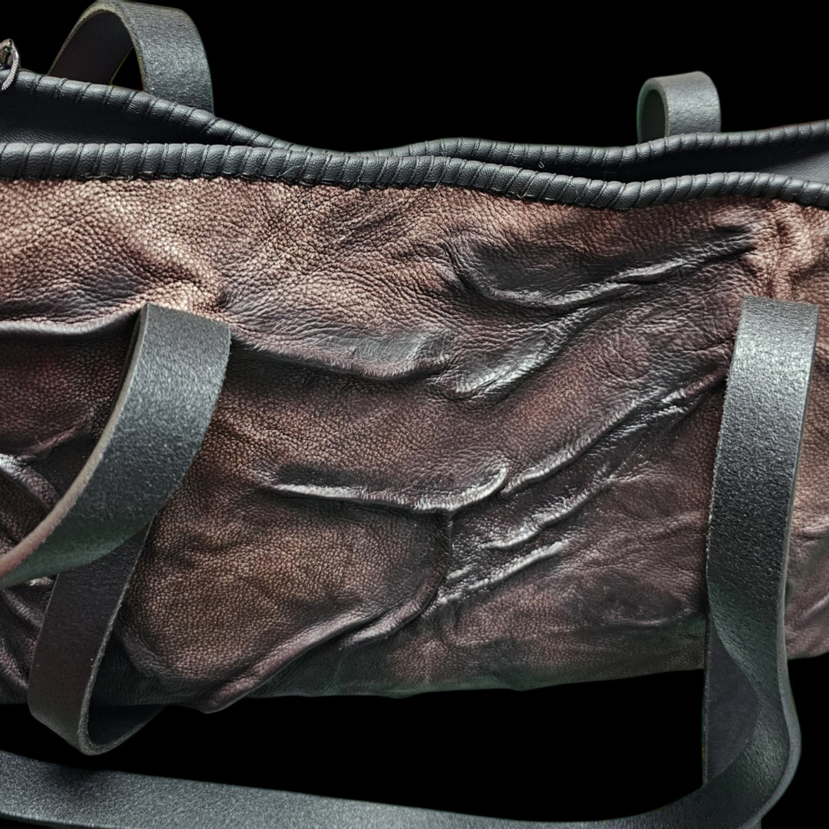 Handmade leather shoulder bag with sculpted ridges, black leather fringe and long black straps - AG Design, Arad, Romania