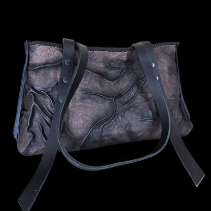 Side view of a handmade airbrushed leather shoulder bag with zip closure and leather fringe - AG Design, Arad, Romania