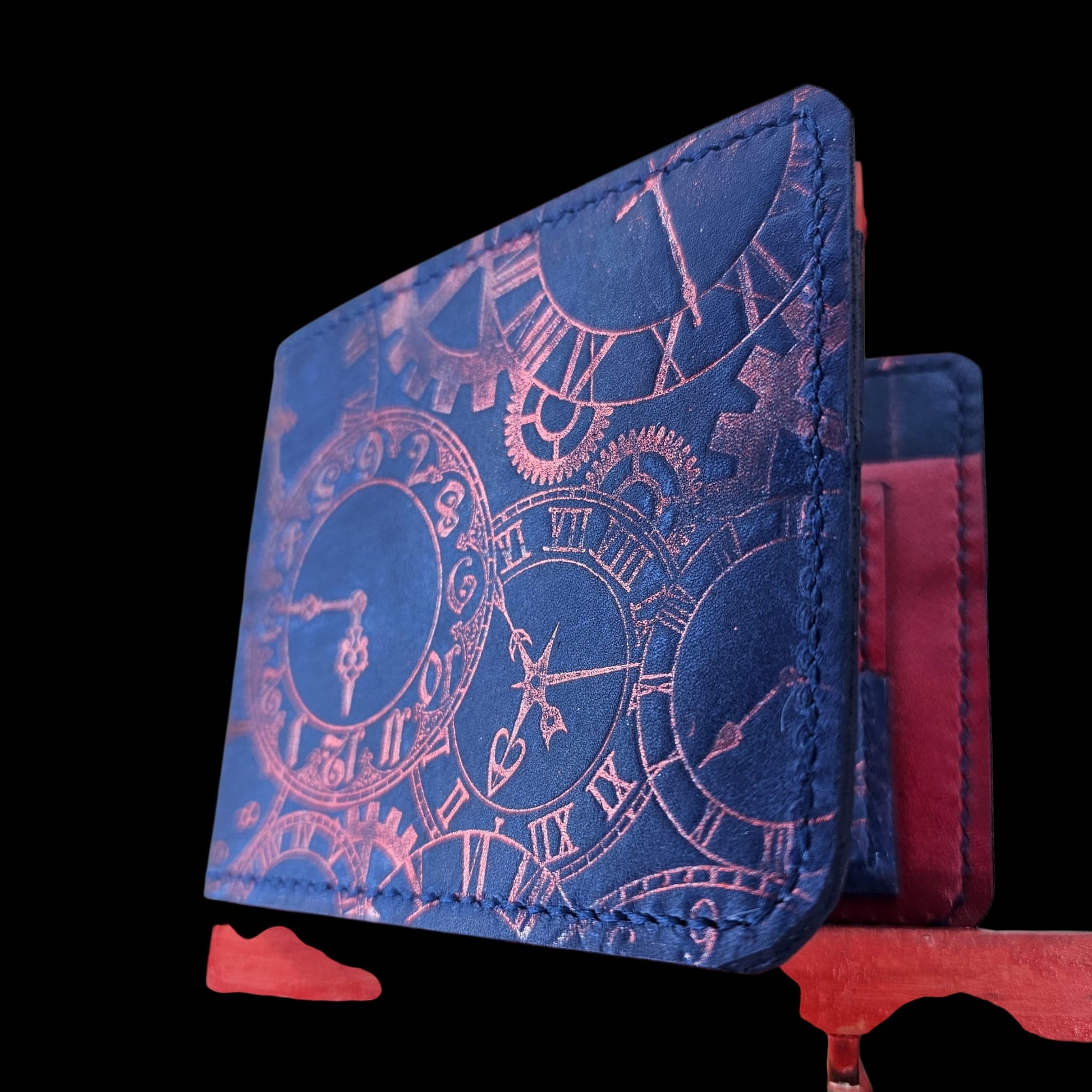 Handmade blue leather wallet with clock faces and gears pressed into the hide - AG Design, Arad, Romania