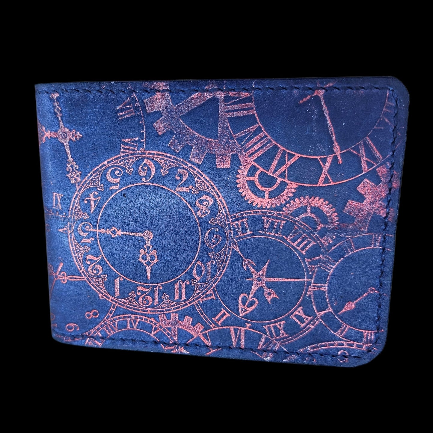 Handmade blue leather wallet with clockwork pattern and hand-stitched edges - AG Design, Arad, Romania