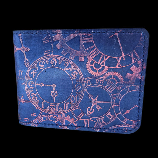 Handmade blue leather wallet with clockwork pattern and hand-stitched edges - AG Design, Arad, Romania
