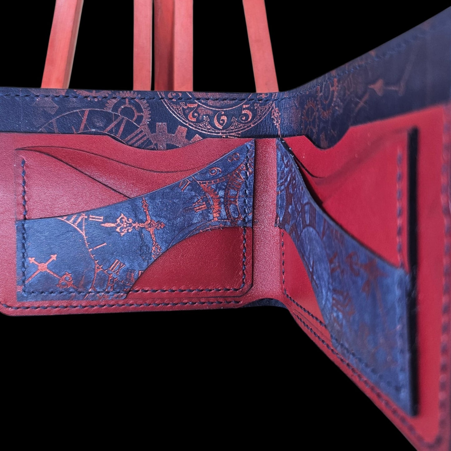 Card slots and interior of a handmade blue leather wallet - AG Design, Arad, Romania