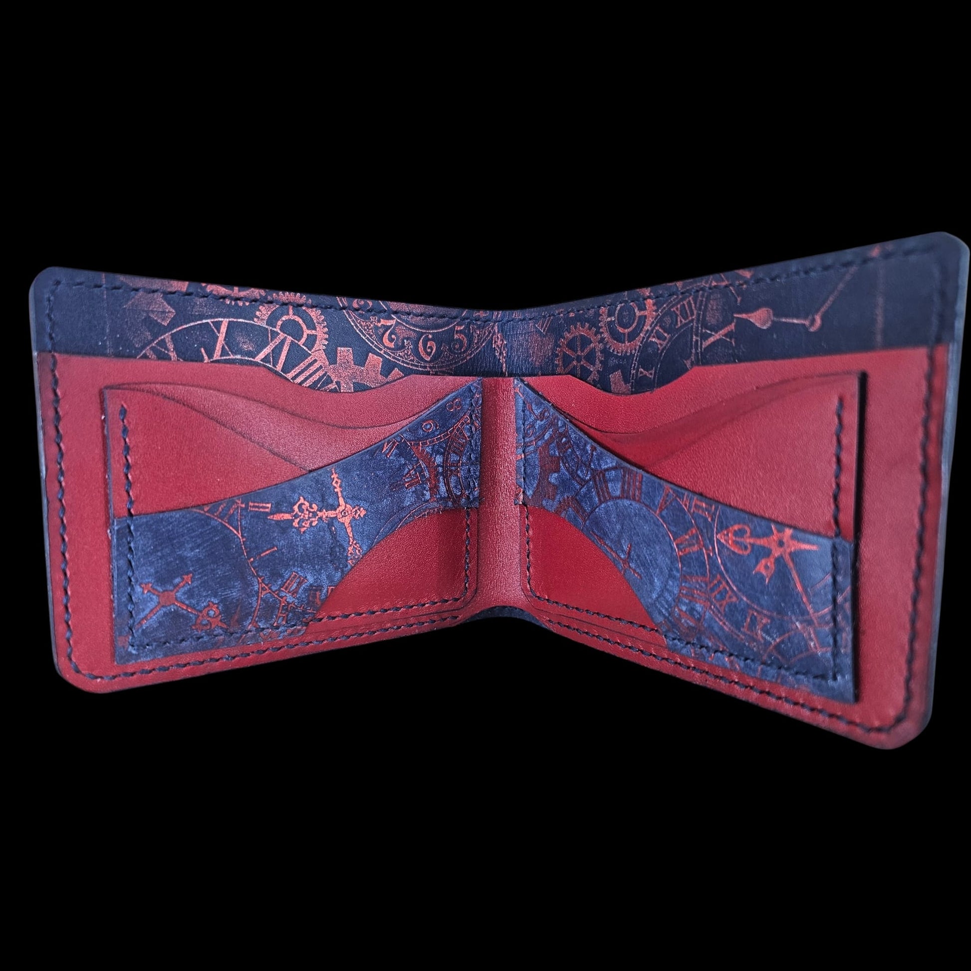 Handmade blue leather wallet with clock faces, room for the old ID card and notes - AG Design, Arad, Romania