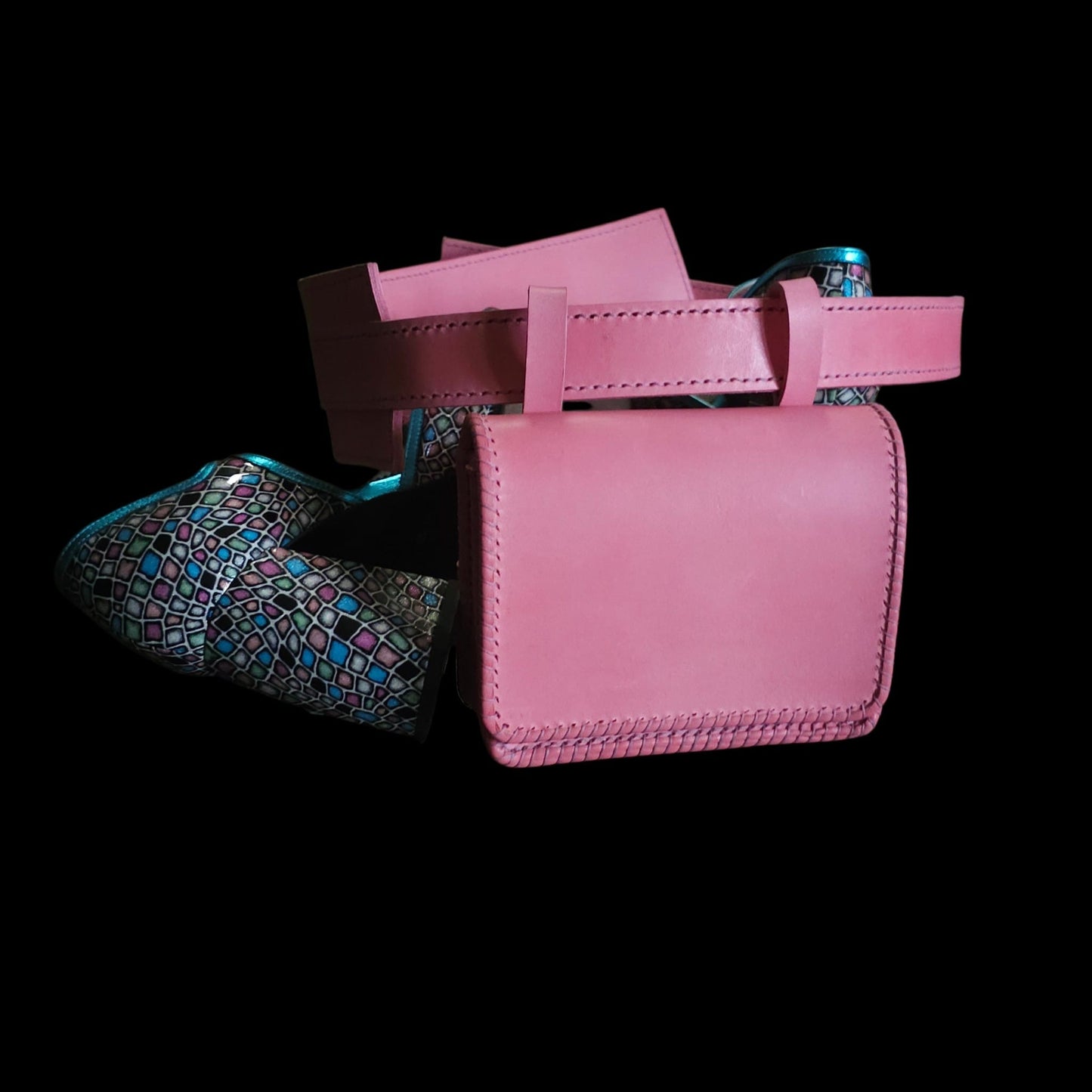 Handmade pink leather belt with detachable pouch, styled with mosaic-patterned heels - AG Design, Arad, Romania