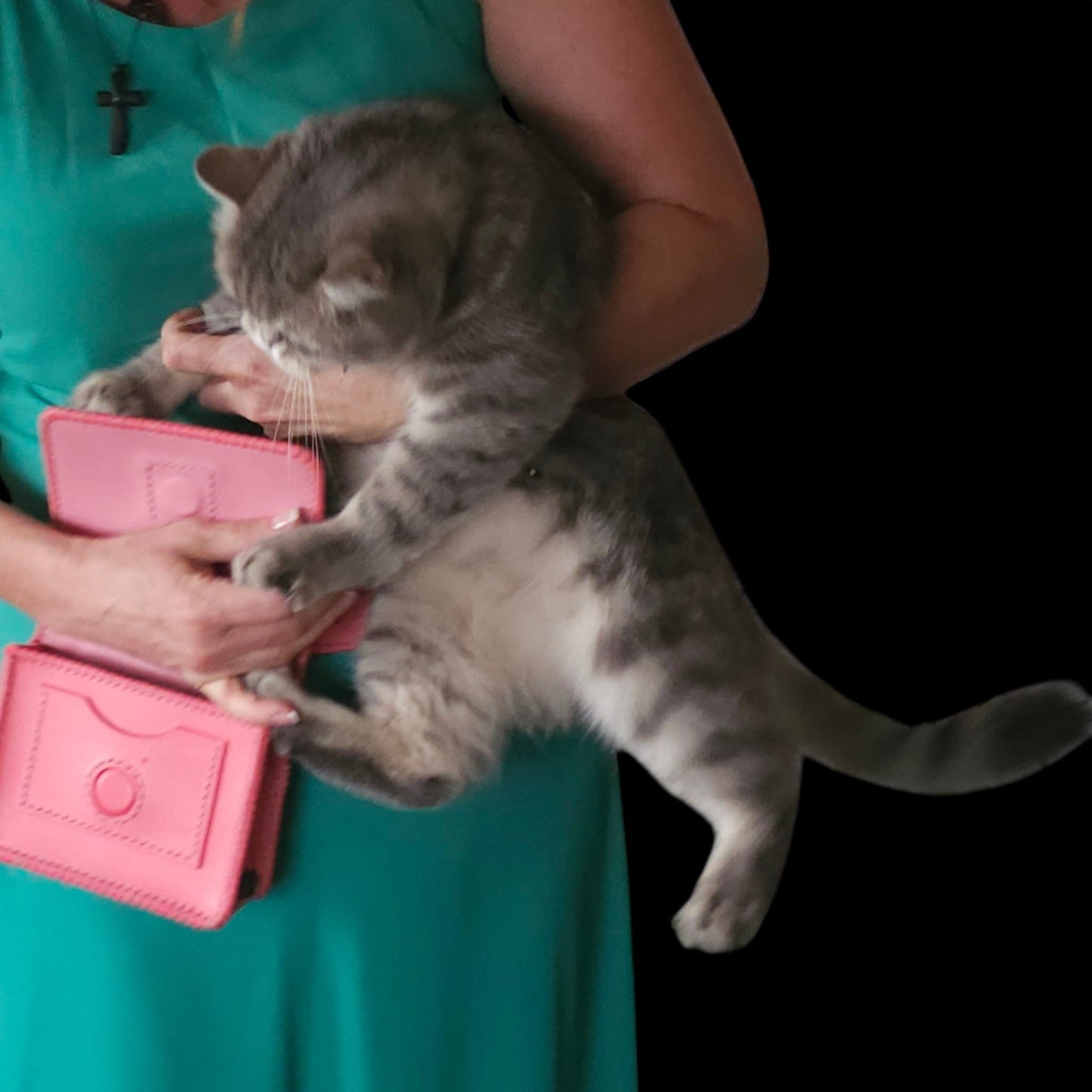 Handmade pink leather belt pouch held while a grey cat reaches for it - AG Design, Arad, Romania