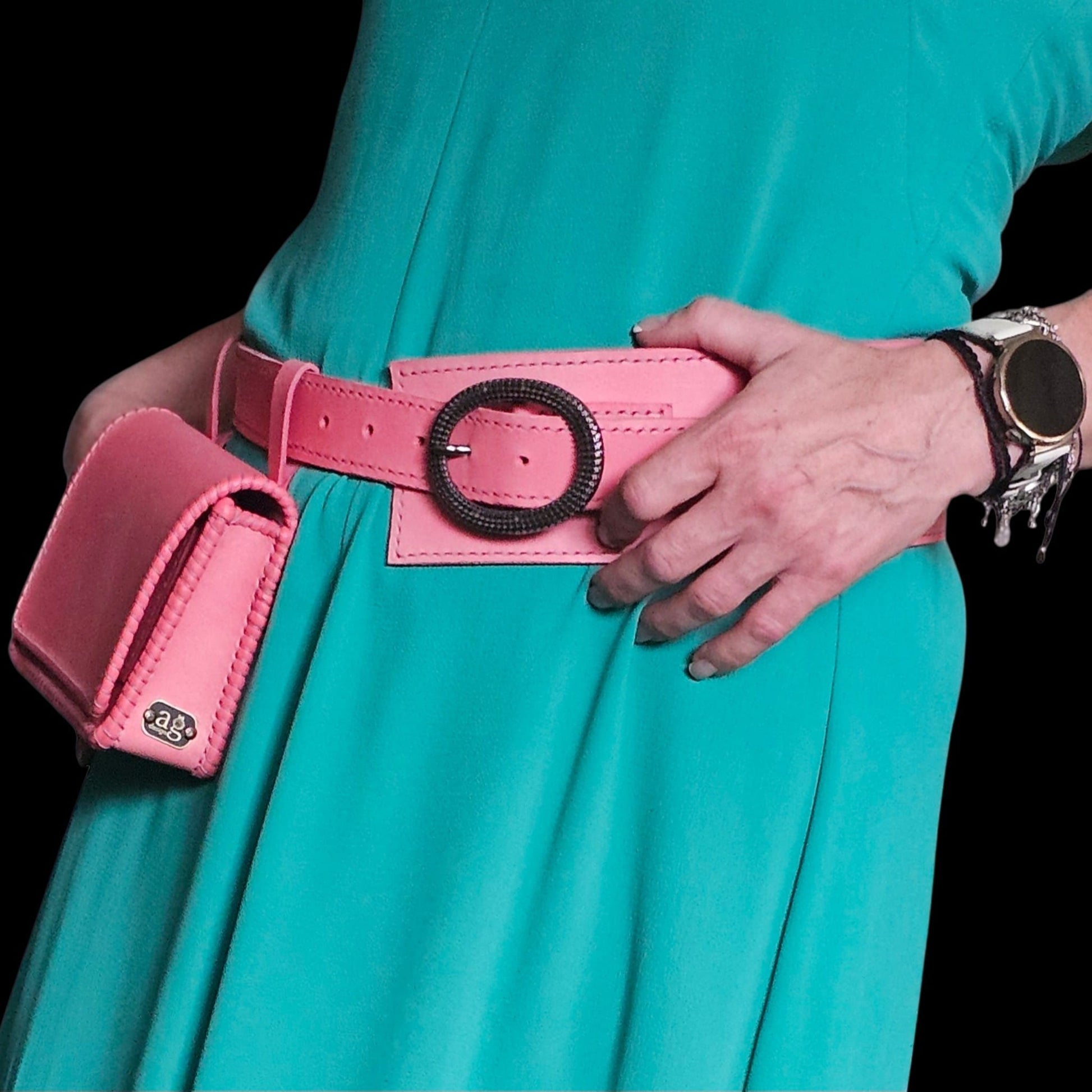 Handmade pink leather belt with a round buckle and detachable pouch, seen from the side - AG Design, Arad, Romania