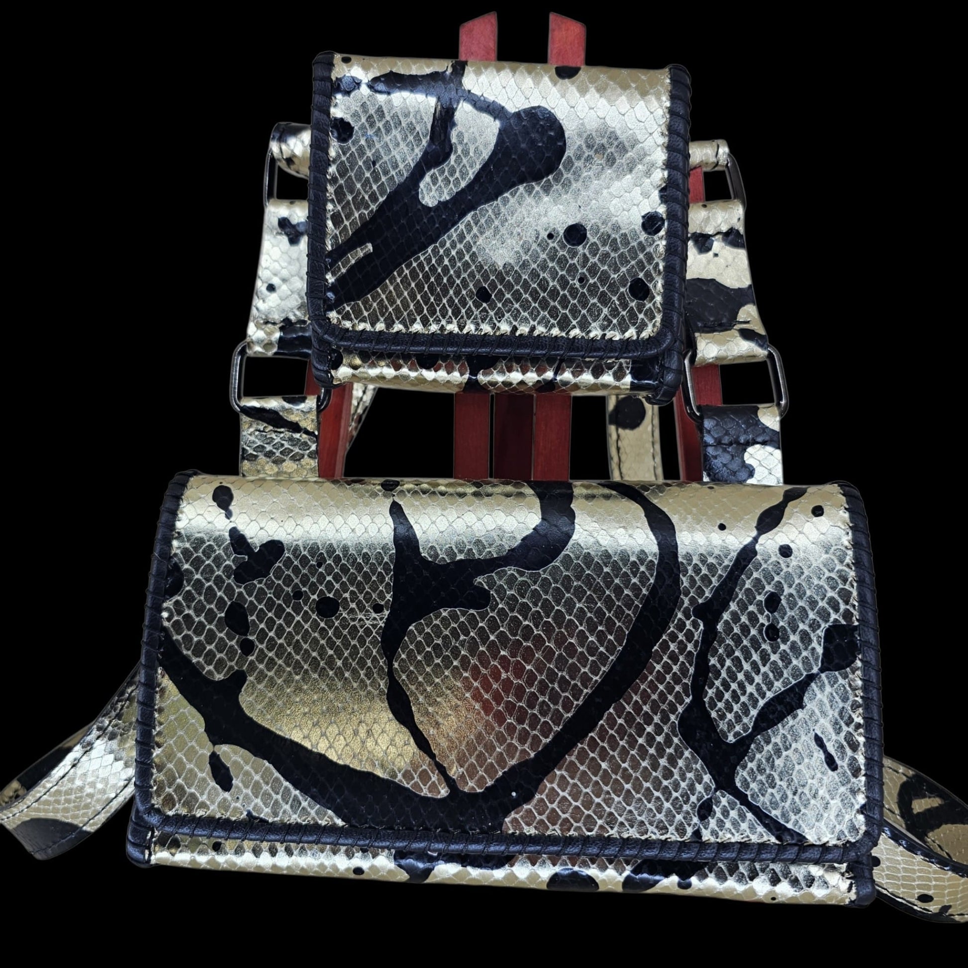 Handmade gold and black leather crossbody bag with two pouches on one strap - AG Design, Arad, Romania