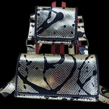 Handmade gold and black leather crossbody bag with two pouches on one strap - AG Design, Arad, Romania